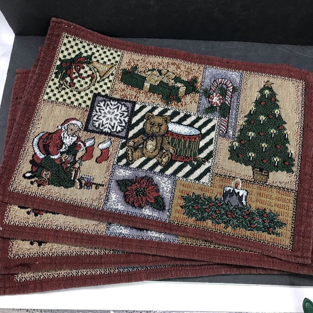 Christmas Tapestry Placemats 12”x19” Tree Santa Bear COTTAGE CORE💕 Vintage (4)